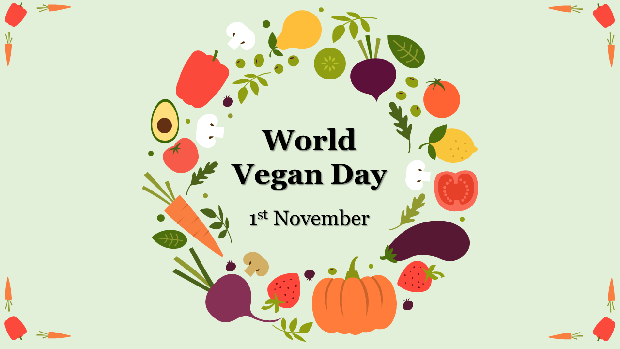 World vegan day slide featuring colorful illustrations of various fruits and vegetables in a decorative wreath.