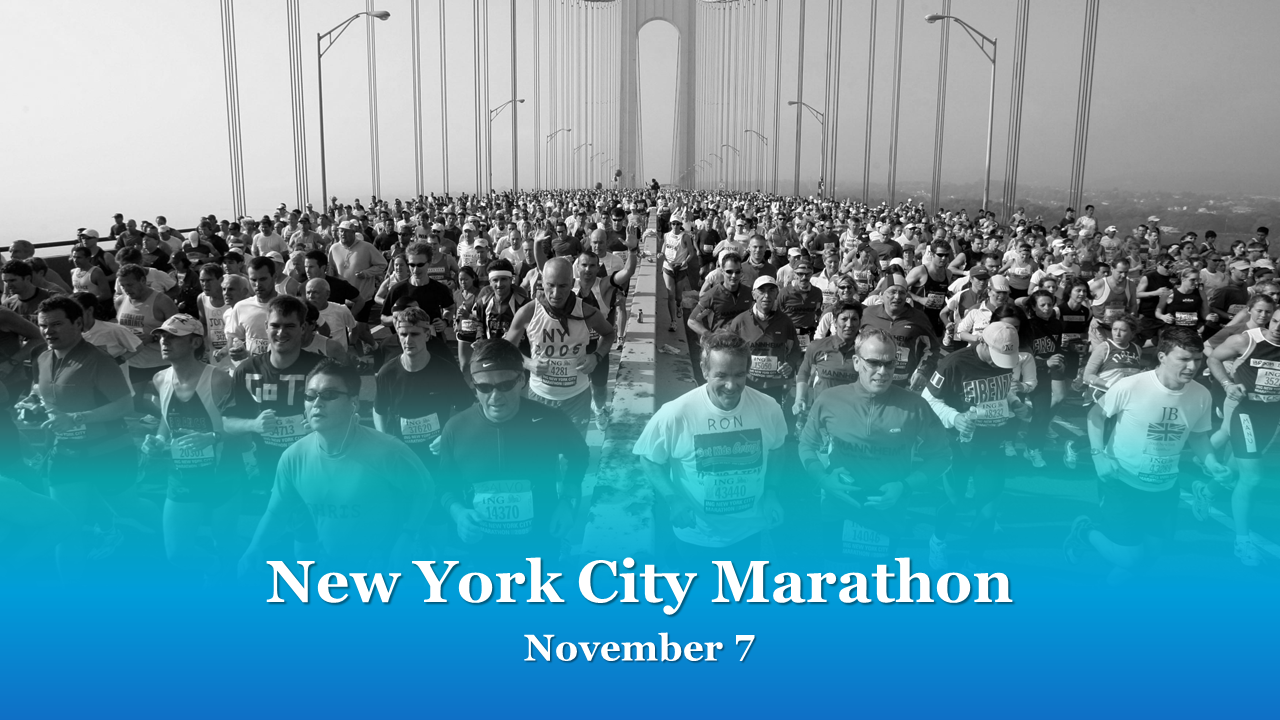 Large group of marathon runners on a bridge during the New York City Marathon with a date caption below.