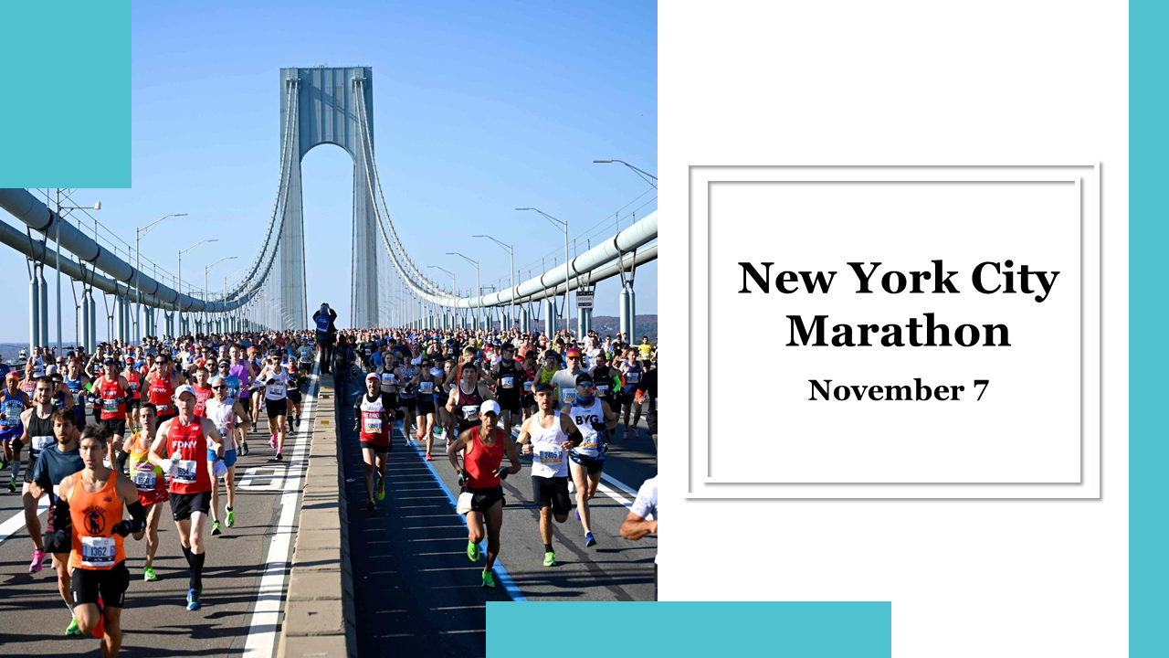 Runners participating in the New York city Marathon crossing a suspension bridge under a clear sky.