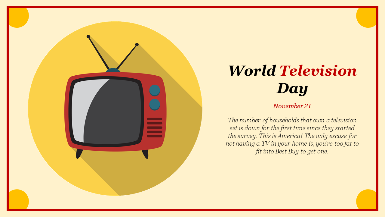 World television day slide featuring a red vintage television and a message about declining household TV ownership.