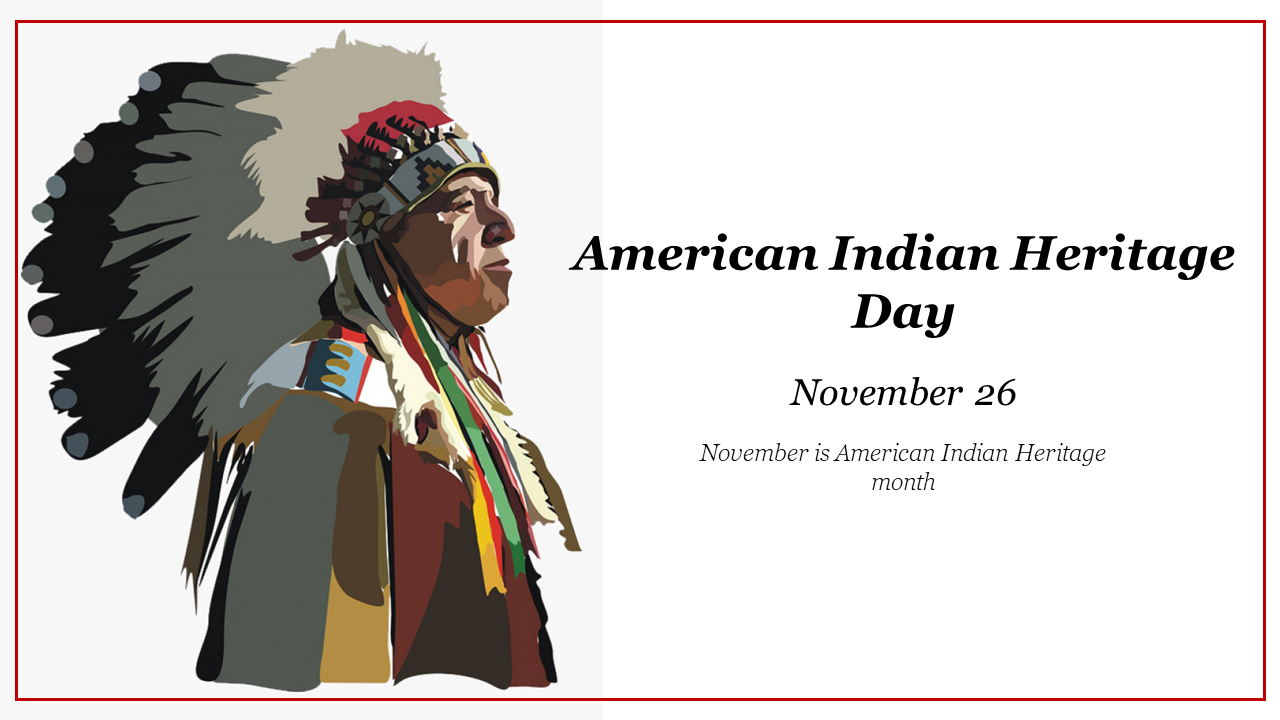 Artwork of a man in a feathered headdress, with text marking November 26 as American Indian heritage day.