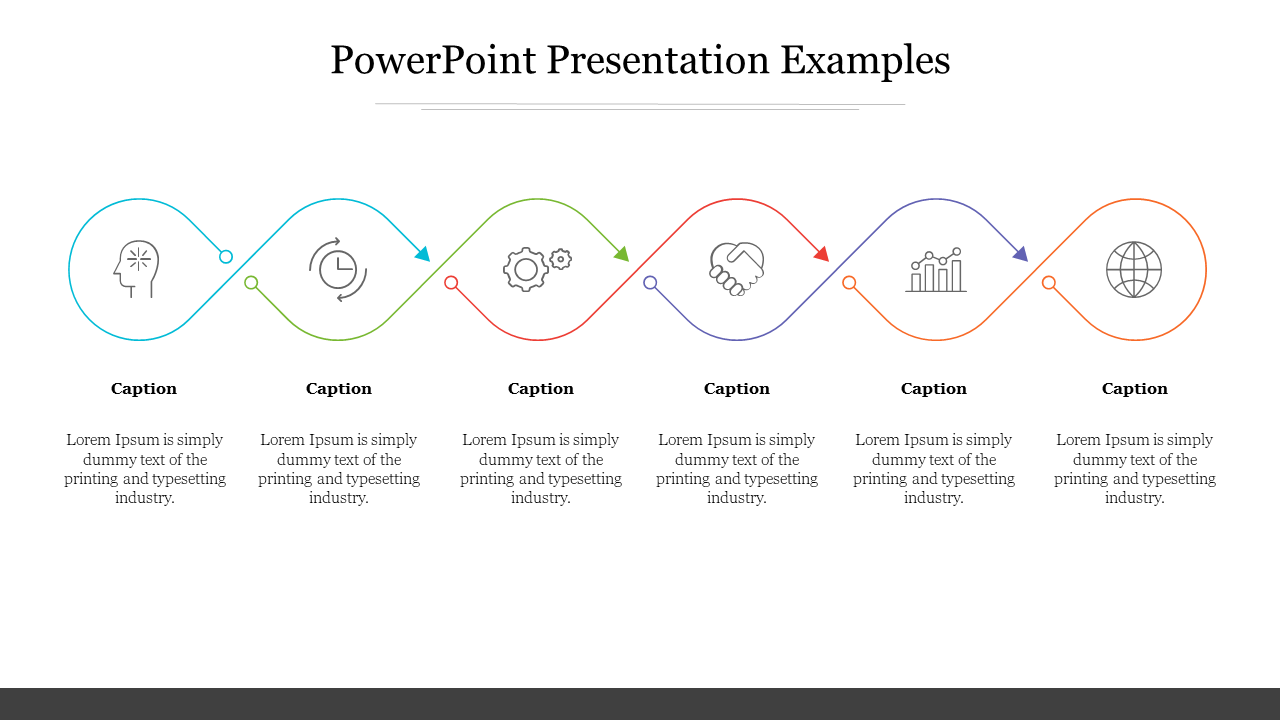 PowerPoint presentation template with six color coded icons connected in a loop with captions on a white backdrop.