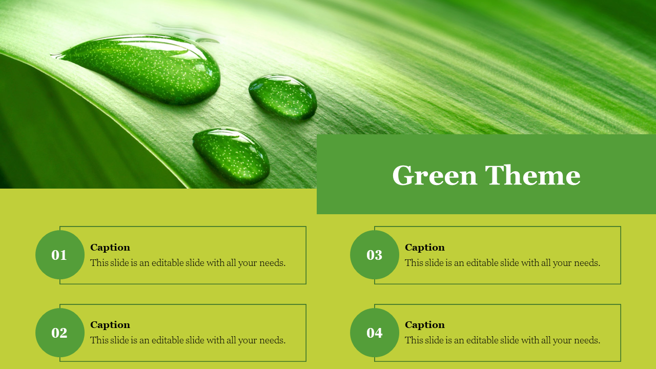 A green themed slide featuring dew drops on a leaf and four captions arranged in a grid layout.