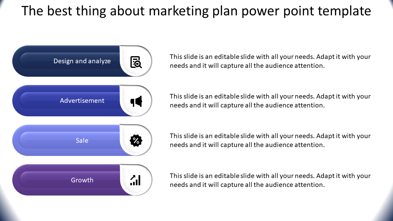 Horizontal steps with four sections, featuring marketing-related titles and icons for design, ads, sales, and growth metrics.