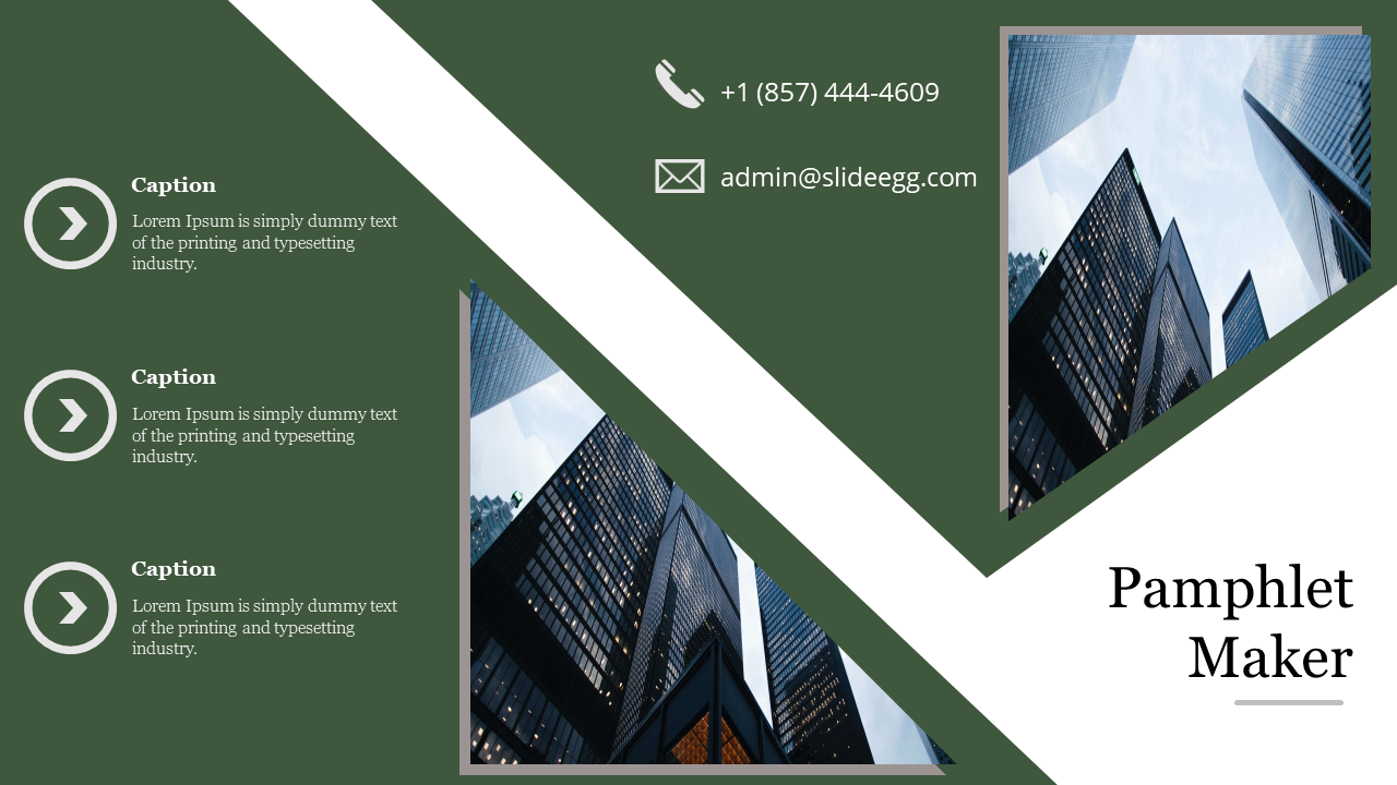 Green background of a pamphlet with three image placeholders and contact details at the top, featuring a skyscraper photo.