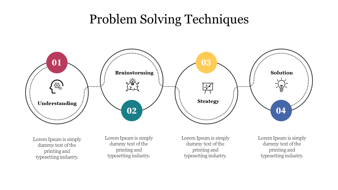 A four step problem solving technique diagram slide featuring icons for each stage with placeholder text.