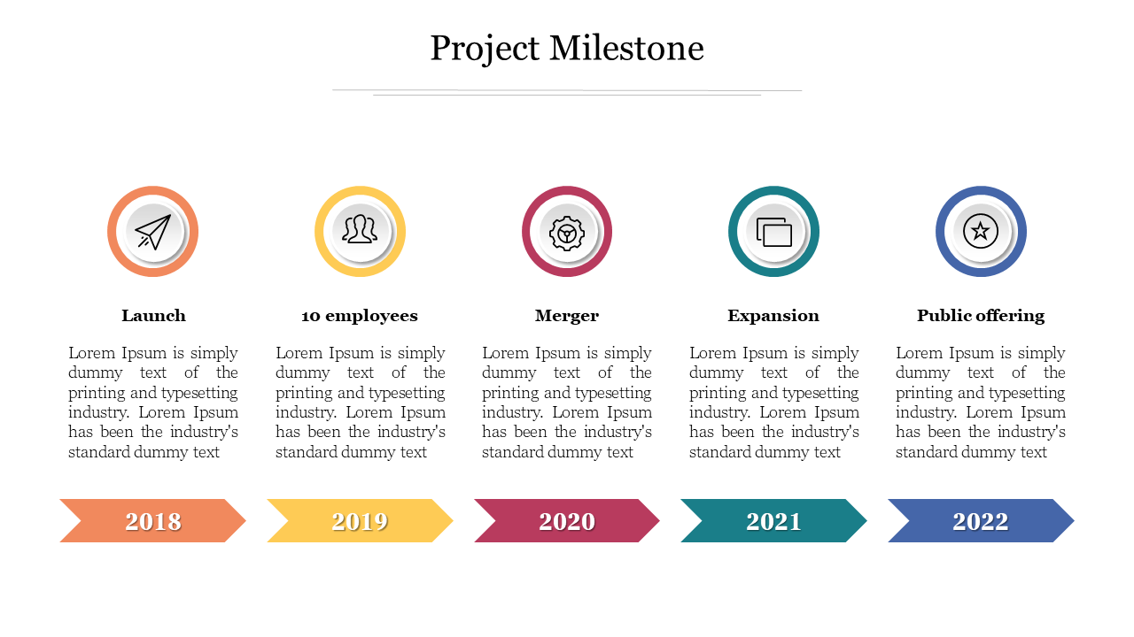 Timeline with five circular icons and corresponding arrows in various colors representing milestones.