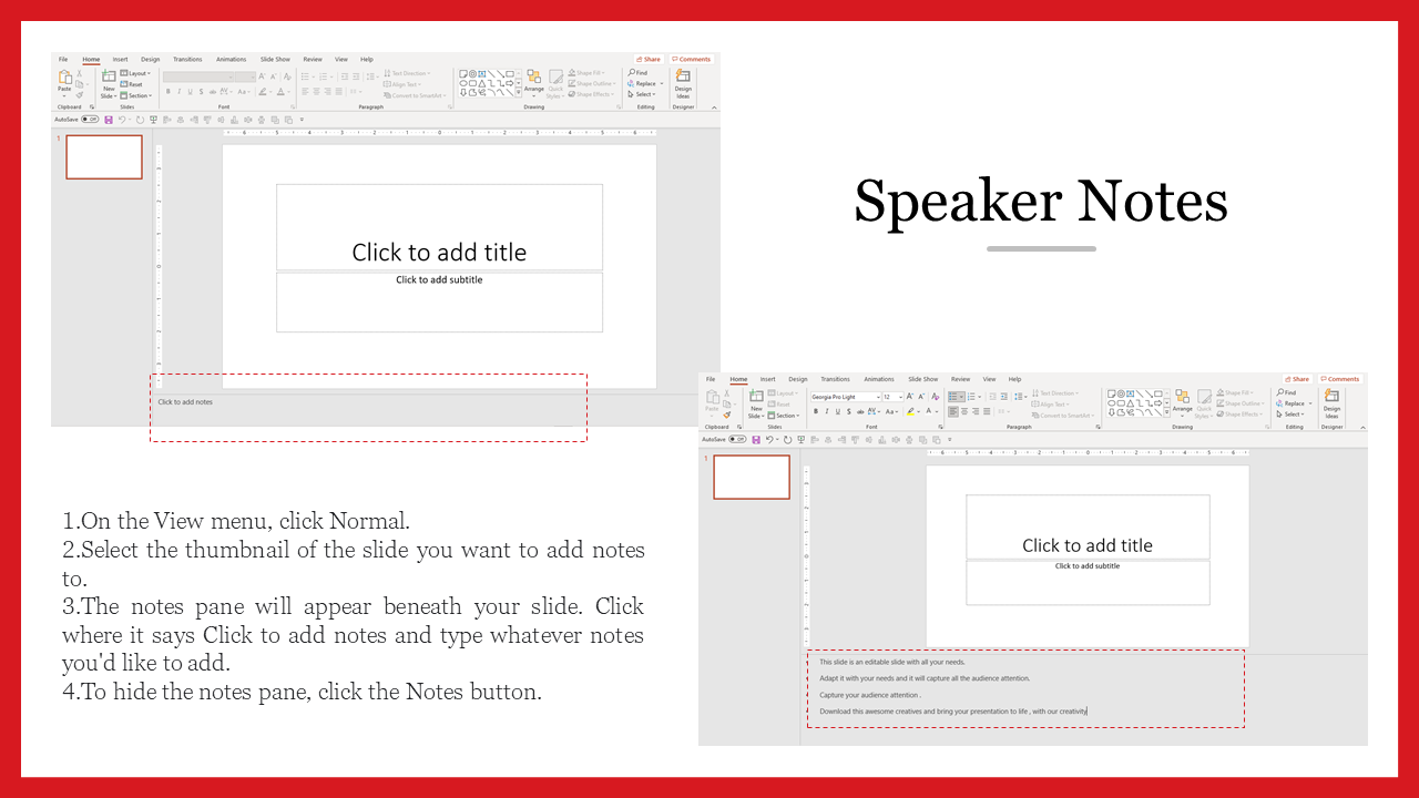 Instructional slide on adding speaker notes in PowerPoint, with annotated screenshots highlighting the notes pane.