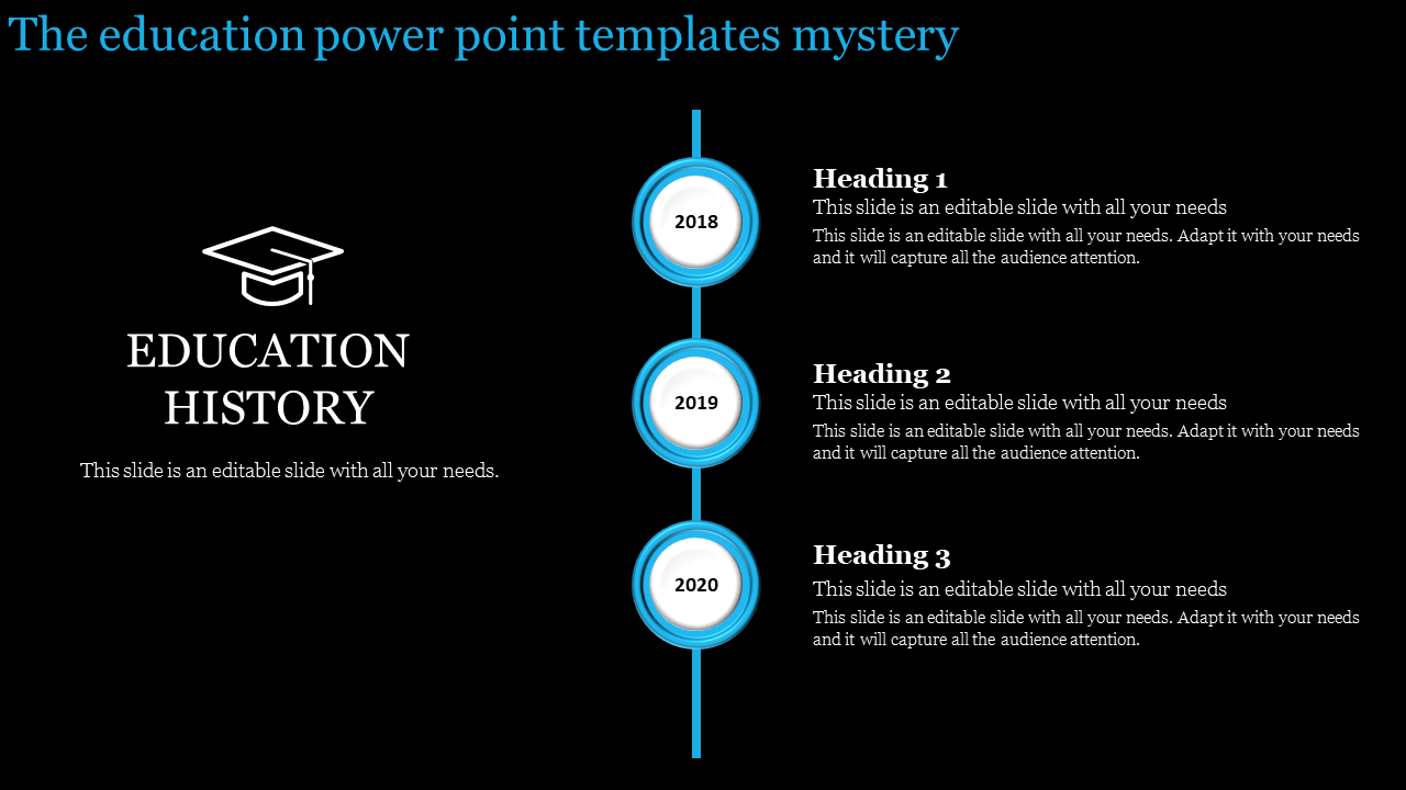 A blue vertical timeline with three year-marked circles, alongside an education history icon, on a dark background.