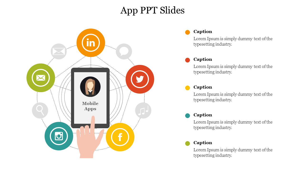 Slide showcasing mobile apps with five colorful icons in a pentagonal layout around the central mobile device.