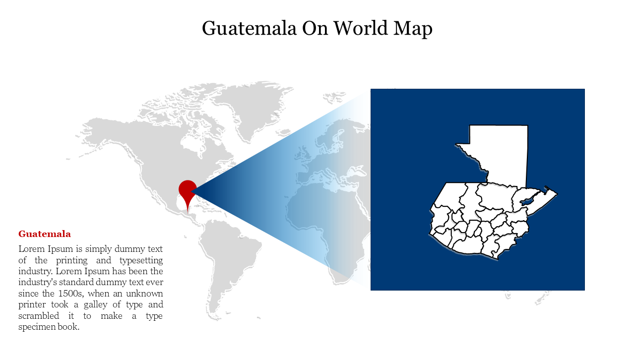 World map highlighting Guatemala with a red pin, zoomed in on a blue section showing white country borders.