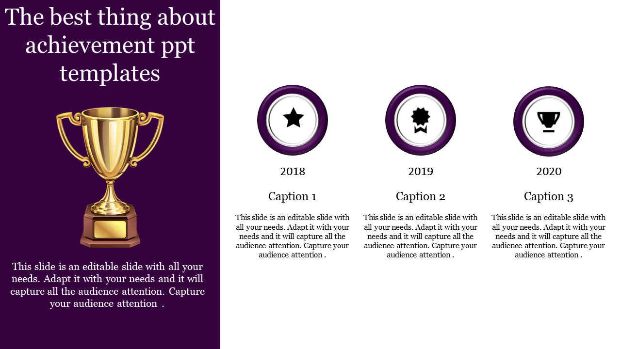 Slide features a golden trophy on the left purple background, with three circular icons representing years.