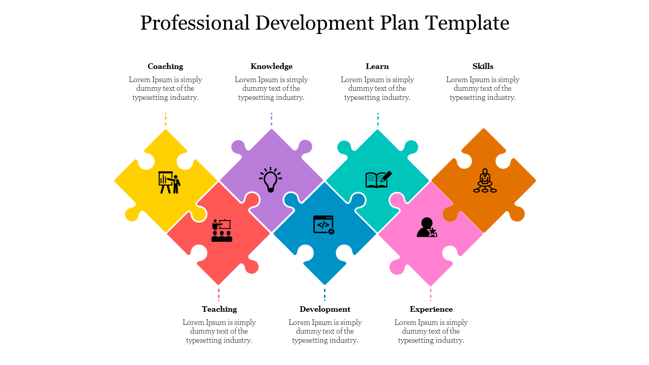 Colorful puzzle pieces slide with seven sections, icons, and placeholder text for each.