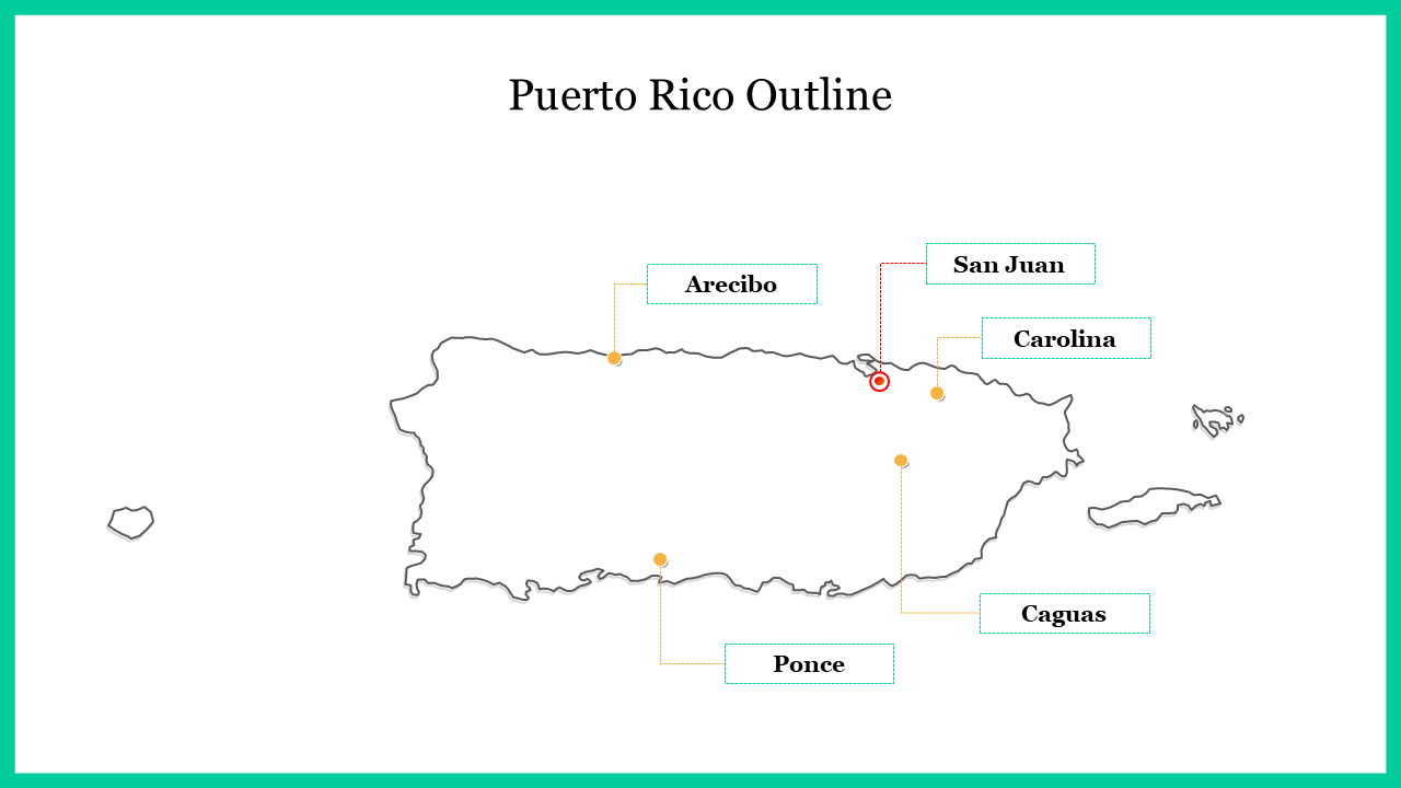 Outline map of Puerto Rico with key cities labeled, connected by lines to labeled boxes with a teal border.