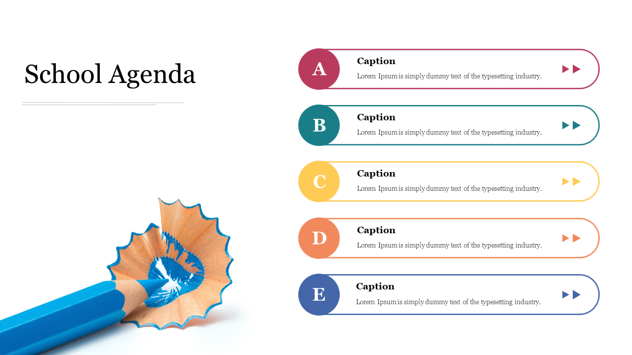 School agenda design with pencil shaving graphic and five colored sections labeled A to E with placeholder text.