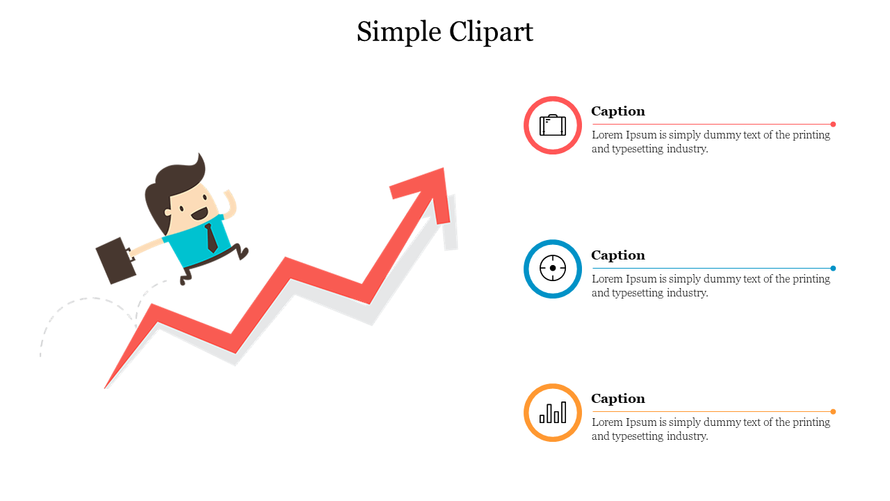 Slide featuring simple clipart, showcasing a cartoon character holding a briefcase while running up an upward trend line.