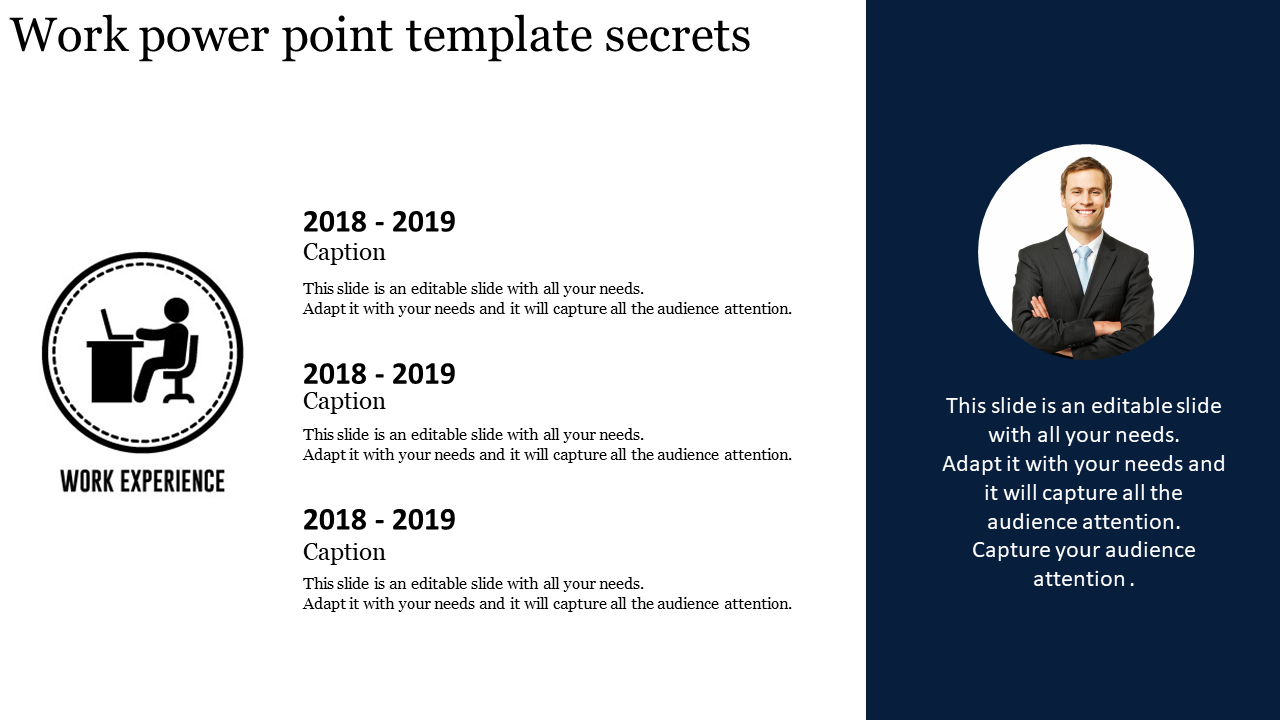 Work experience template with three timeline entries labeled 2018–2019, an icon of a person at a desk.