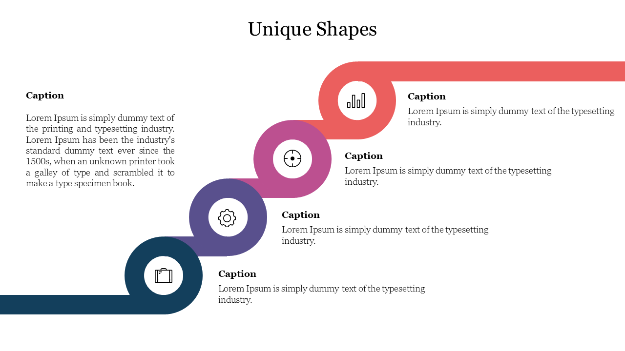 Unique shapes slide featuring circular icons in green, purple, pink, and orange, in a curved layout.