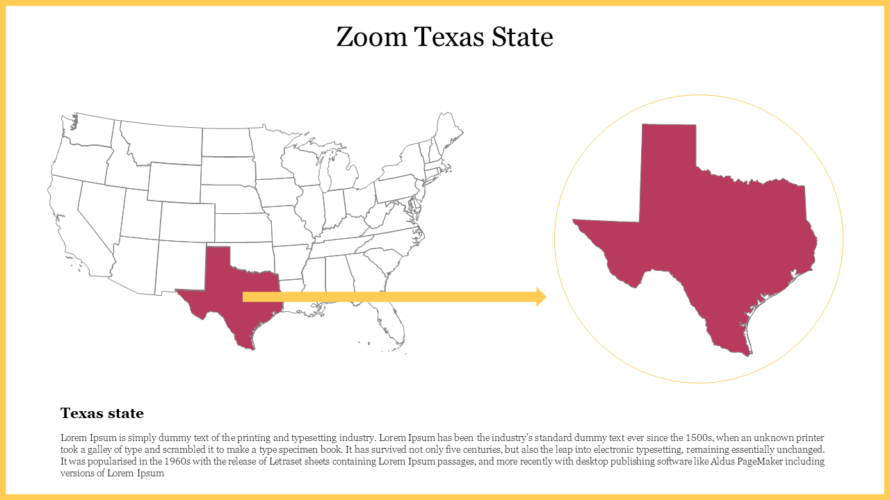 Texas Zoomed U.S. map slide featuring the state's distinct shape and caption text.