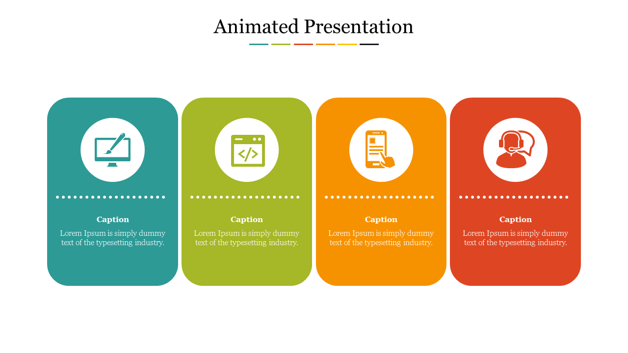 Four colored rounded rectangles in teal, green, orange, and red, each with an icon, caption, and description below.