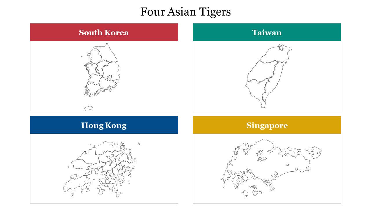 Outline maps of south korea, taiwan, hong kong, and singapore representing the four asian tigers in an infographic.