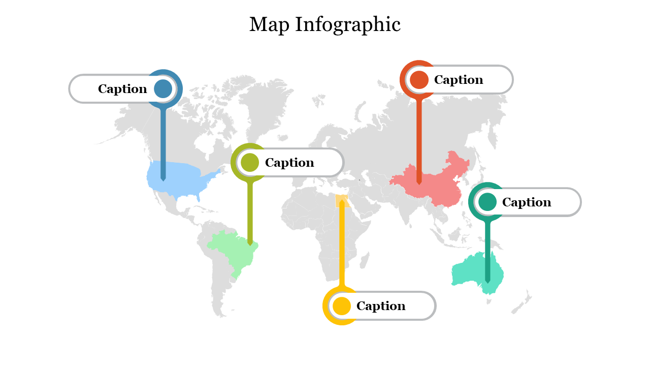 World map infographic with colored pins in blue, green, red, yellow, and teal, each connected to a caption box.