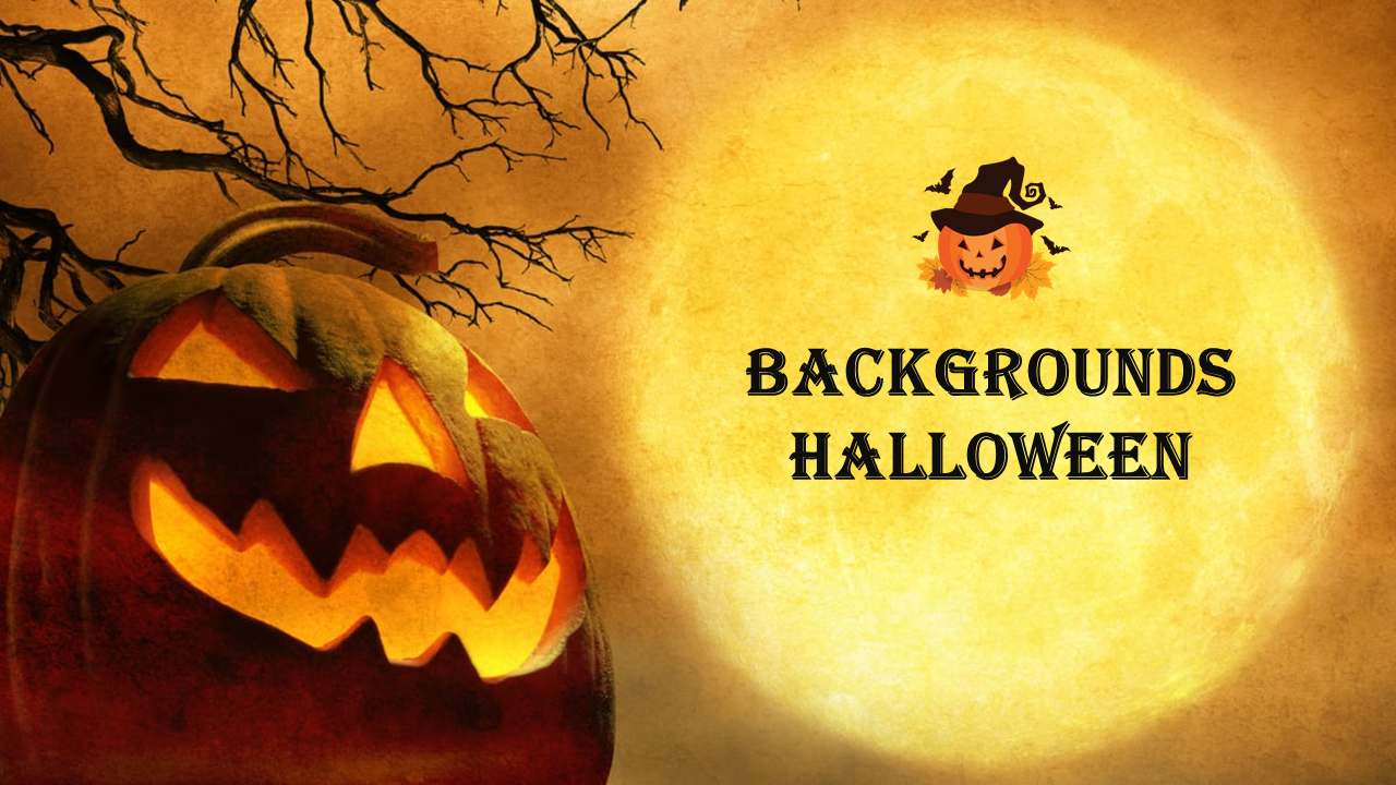 Halloween themed slide featuring a carved pumpkin, a glowing moon, and a witch hat with bats flying around.