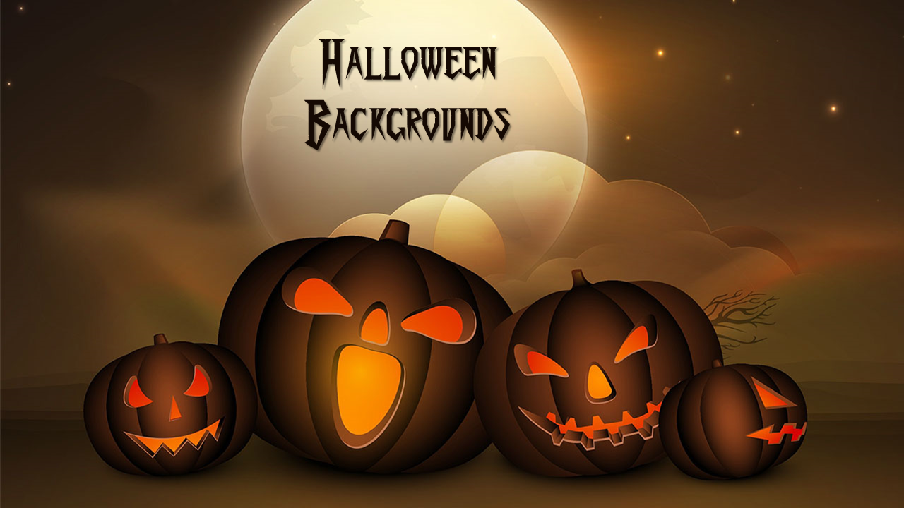 Halloween themed background slide with four carved pumpkins glowing under a full moon in a spooky night sky.