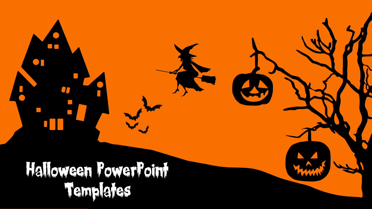 Halloween themed PPT slide with a witch flying on a broom, haunted house, and jack o' lanterns on an orange background.