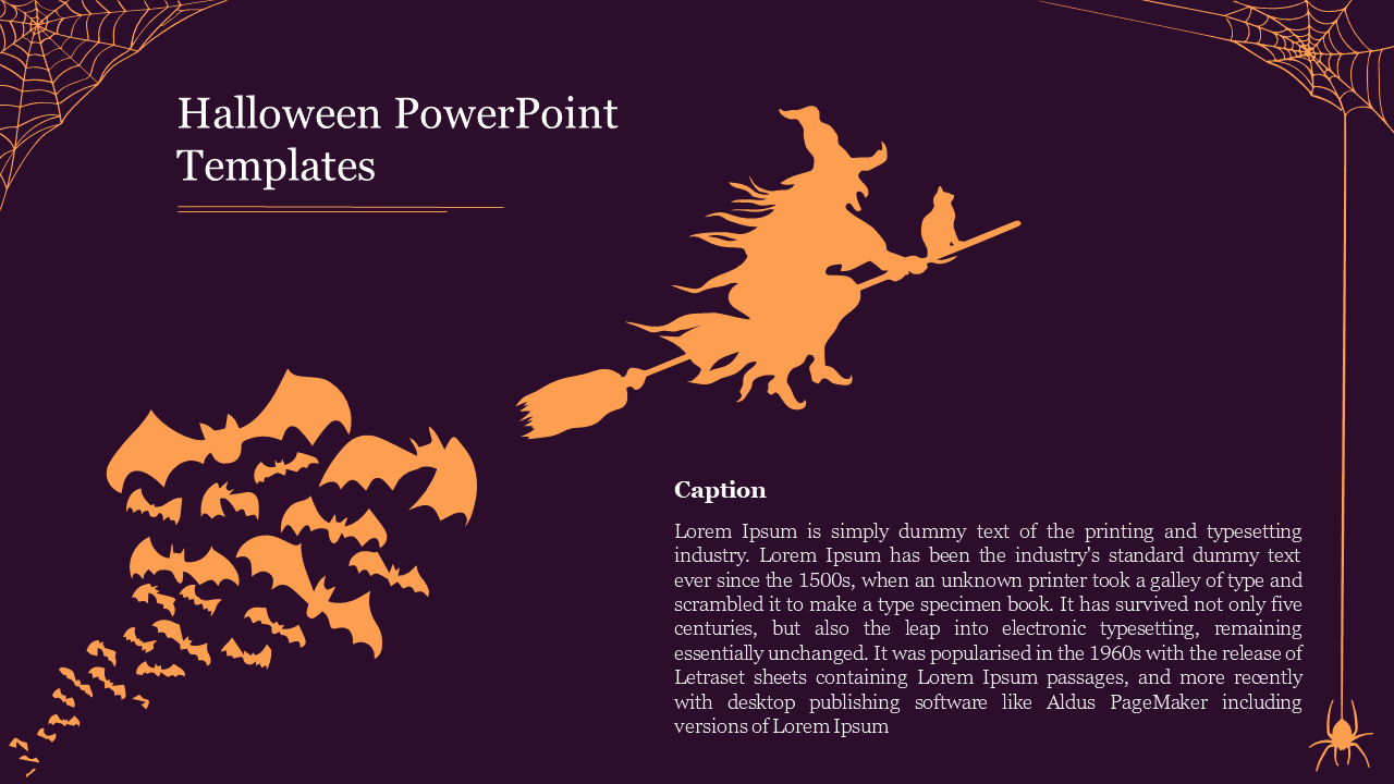 Halloween PPT slide with an orange witch on a broomstick, bats flying, and spiderweb accents on a dark purple background.