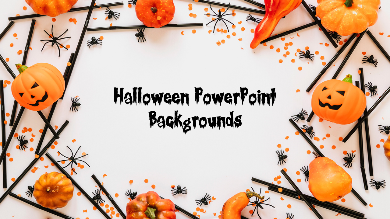 Spooky Halloween PowerPoint slide background featuring smiling pumpkins, spiders, and confetti on a white surface.