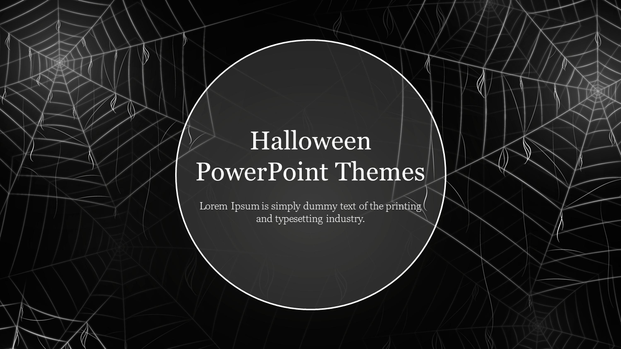 Template with a halloween theme showing spider web designs around a circular text area on a black background.