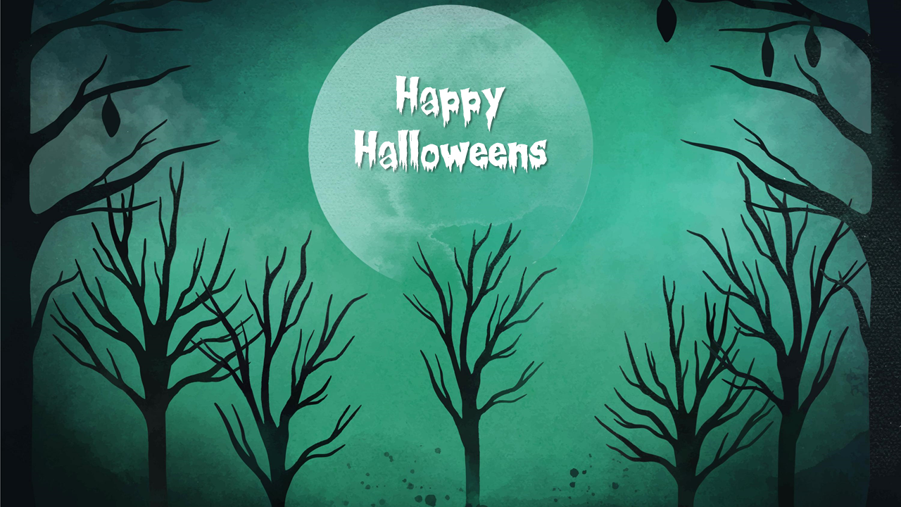 Halloween themed slide featuring silhouetted trees, a large moon, and text with a spooky font on a green background.