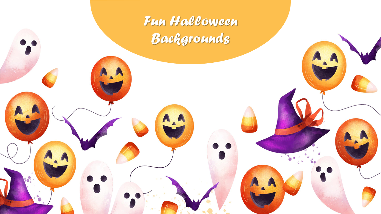 Halloween themed background slide featuring pumpkin balloons, ghosts, candy corn, and a purple witch hat on a white theme.