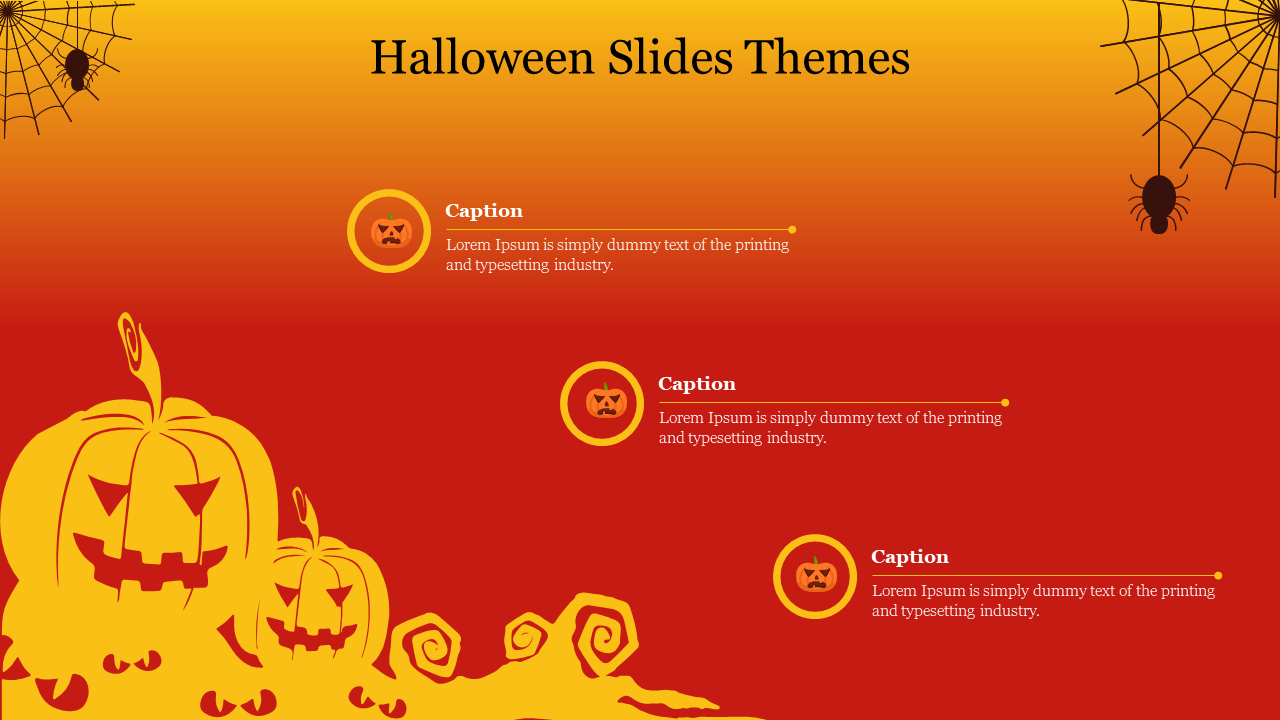 Spooky Halloween slide featuring yellow carved pumpkins, web designs, and spider icons, on a red gradient background.