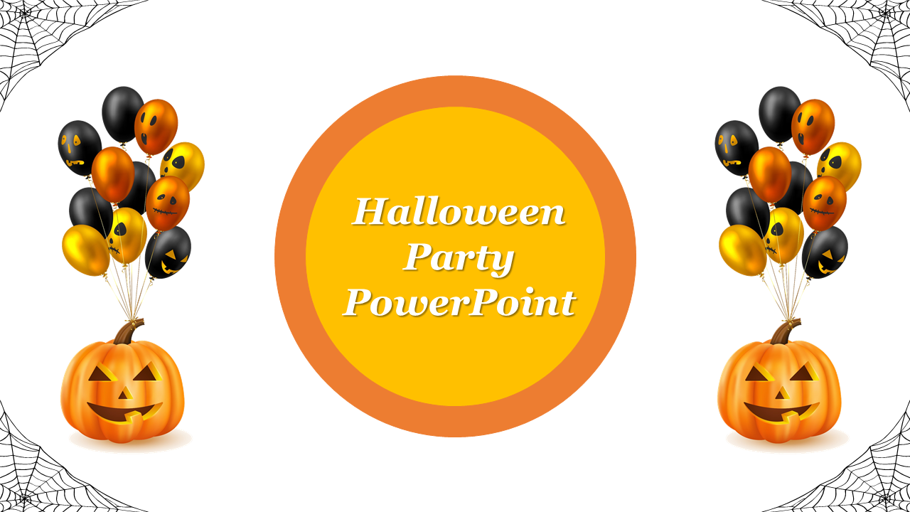 Halloween Party PowerPoint slide featuring pumpkin balloons, a carved pumpkin, and spiderweb accents on a white backdrop.