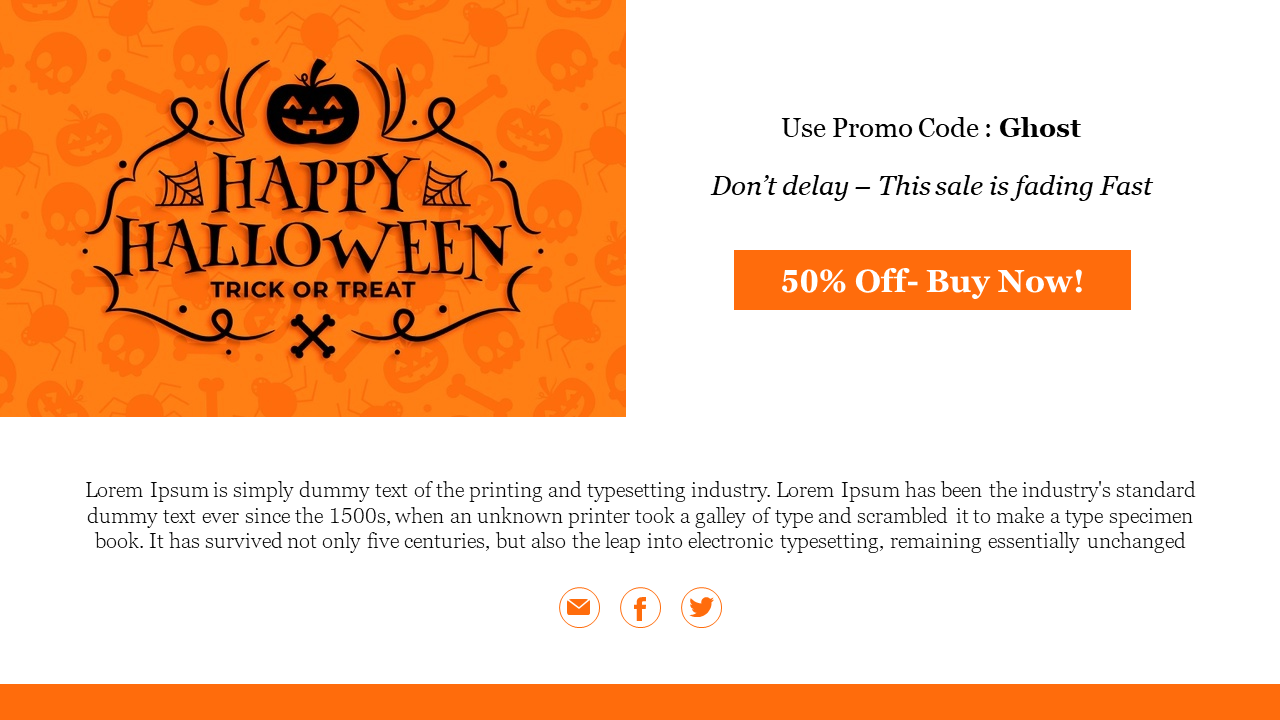 Email marketing slide featuring Halloween themed decorations, pumpkins, and a promotional offer on an orange and white theme.