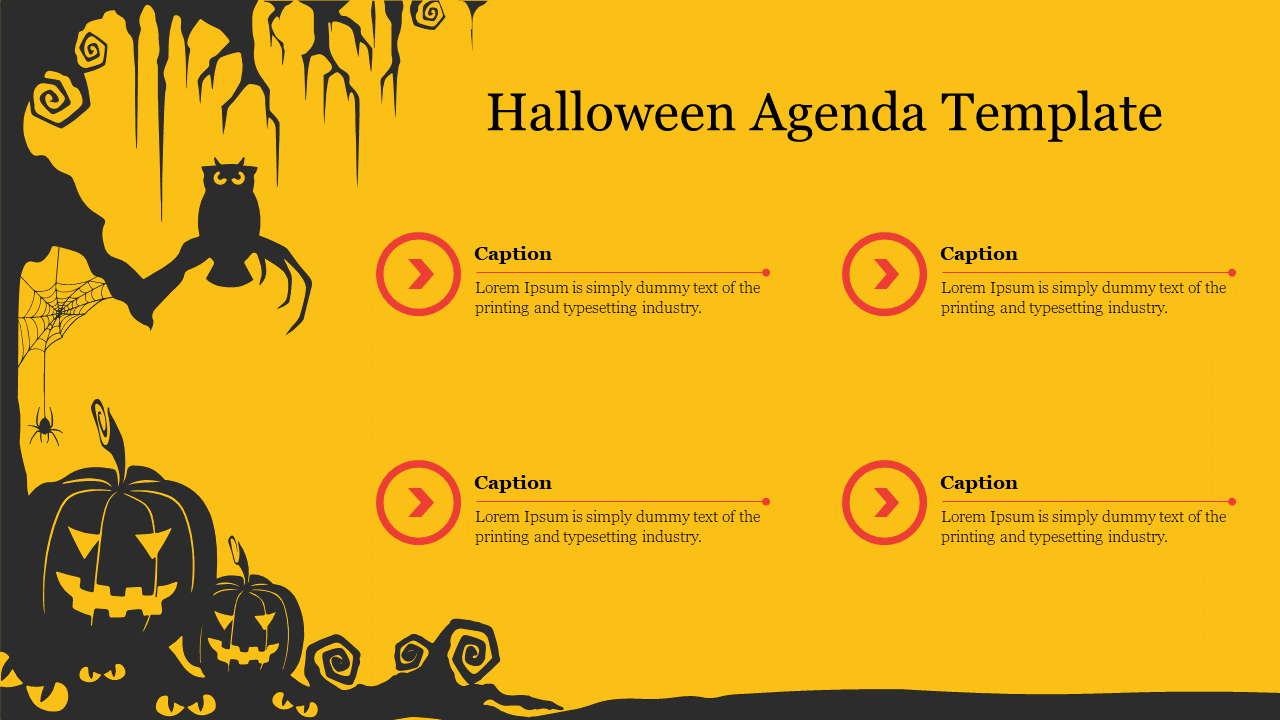 Halloween themed agenda template with spooky icons, including pumpkins, an owl, and a spider on a yellow background.