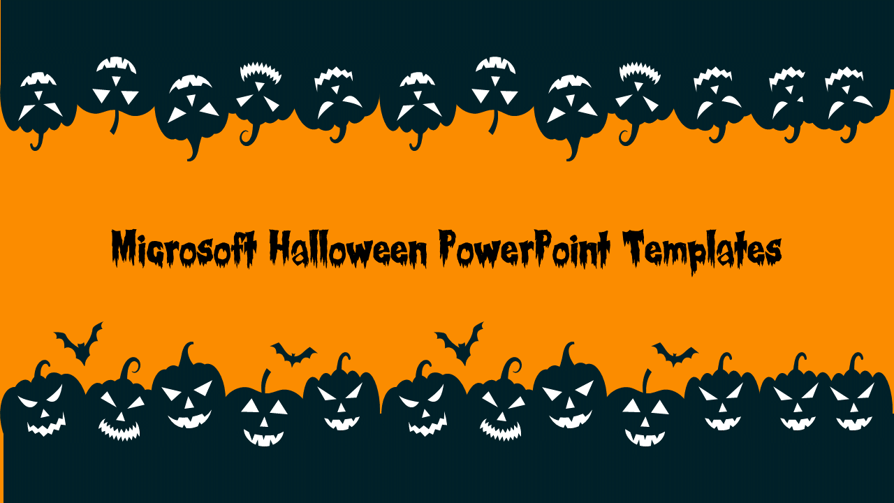 Halloween themed slide with pumpkin faces and bats, framing the title in spooky font, on an orange background.