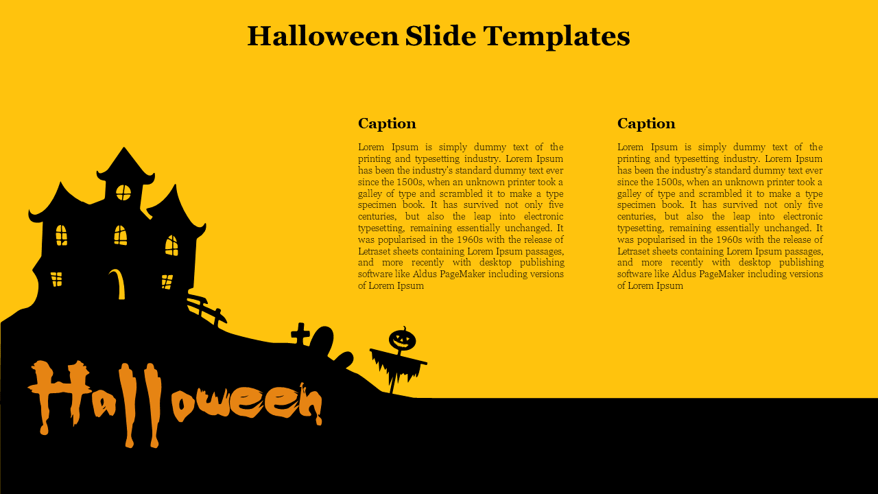 Halloween PPT slide with a spooky house silhouette and a pumpkin on a yellow background with caption placeholders.