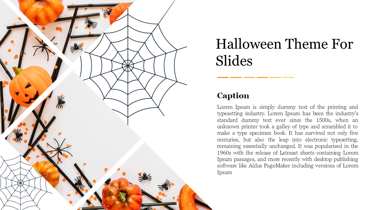 Halloween themed PPT slide design featuring a pumpkin and spiders, with web borders and space for text captions.