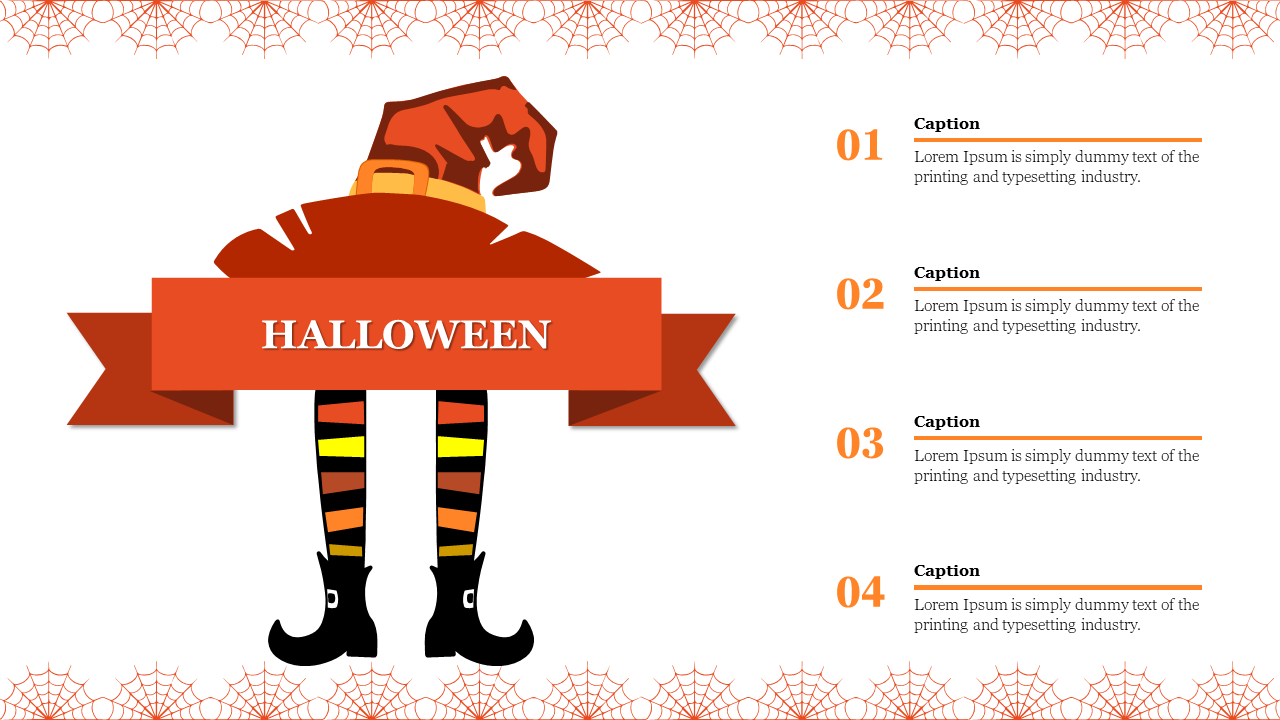 Halloween themed PPT slide with a witch's hat and striped legs, surrounded by spider webs and numbered text captions.