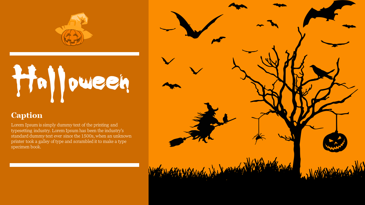 Halloween slide with a flying witch, a bat filled sky, and a spooky tree with a pumpkin, set against an orange background.