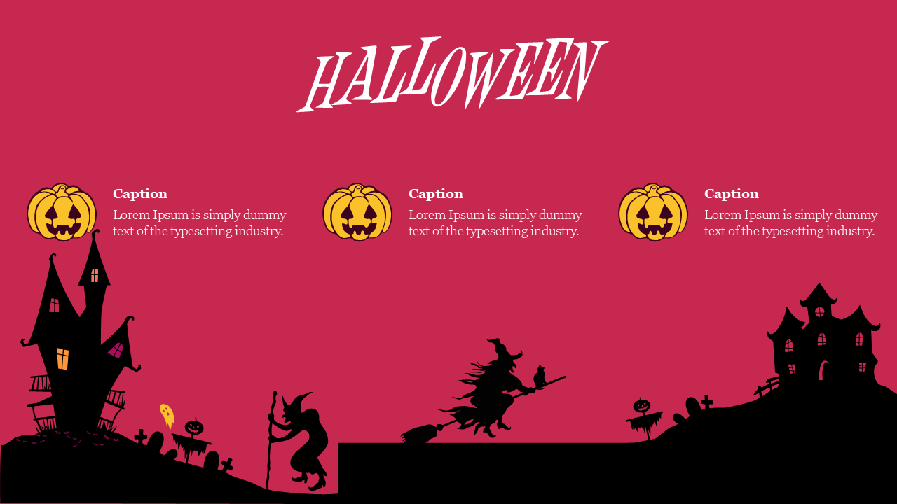 Spooky Halloween PPT slide on a pink background with silhouettes of witches and haunted houses, adorned with pumpkins.