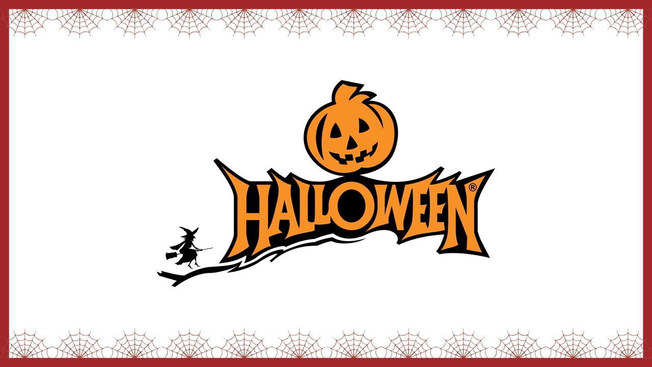 Halloween template with a smiling jack o lantern and a witch flying, surrounded by a red spider web border.