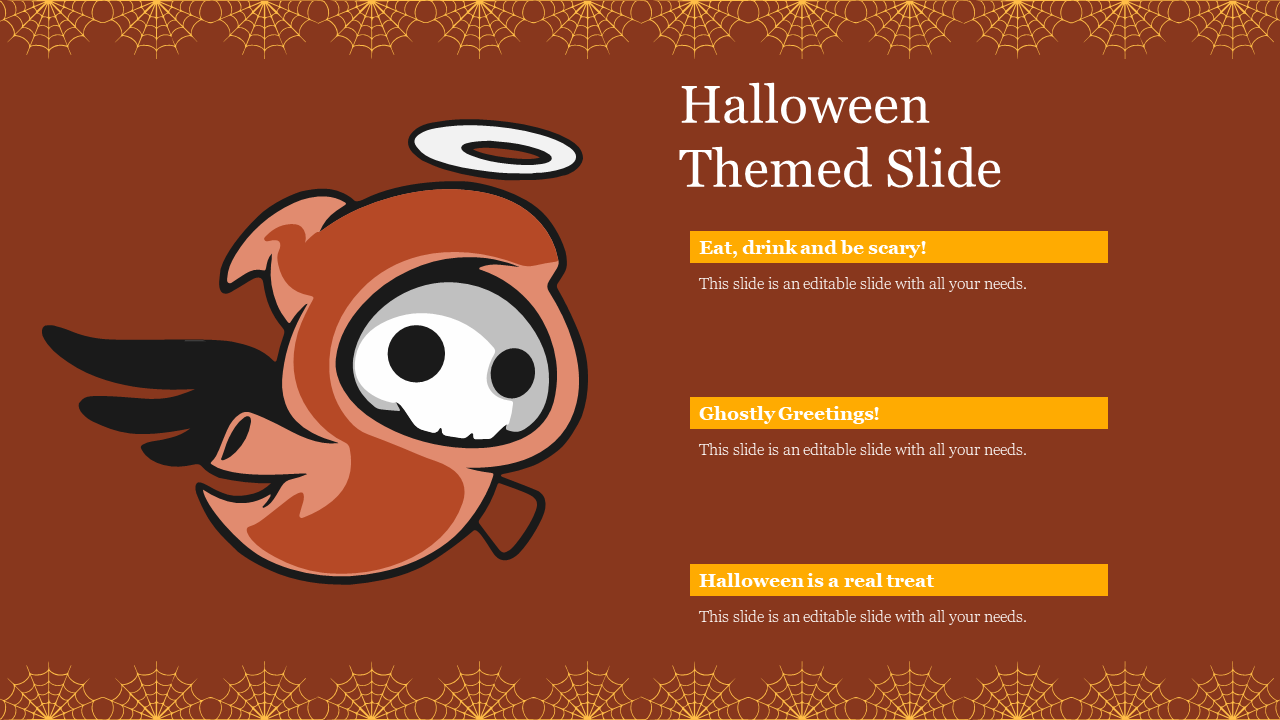 A creative colorful Halloween themed slide featuring a skeleton character with angel wings and fun captions.