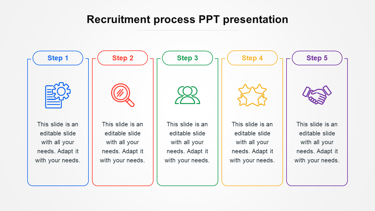 Slide with five recruitment stages, each step highlighted in different colors with icons and text captions.