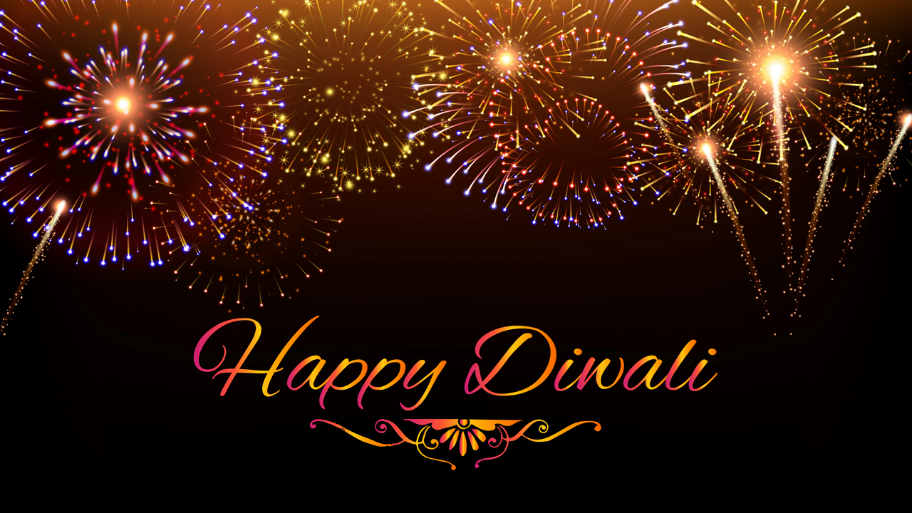 A Diwali themed PowerPoint background slide featuring colorful fireworks and the festive message in vibrant colors.