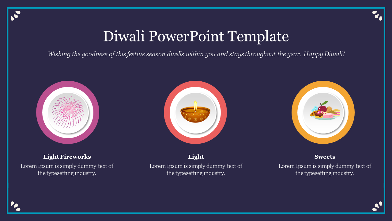 Diwali themed PPT slide with colorful icons for light fireworks, a Diya lamp, and sweets, accompanied by a festive message.