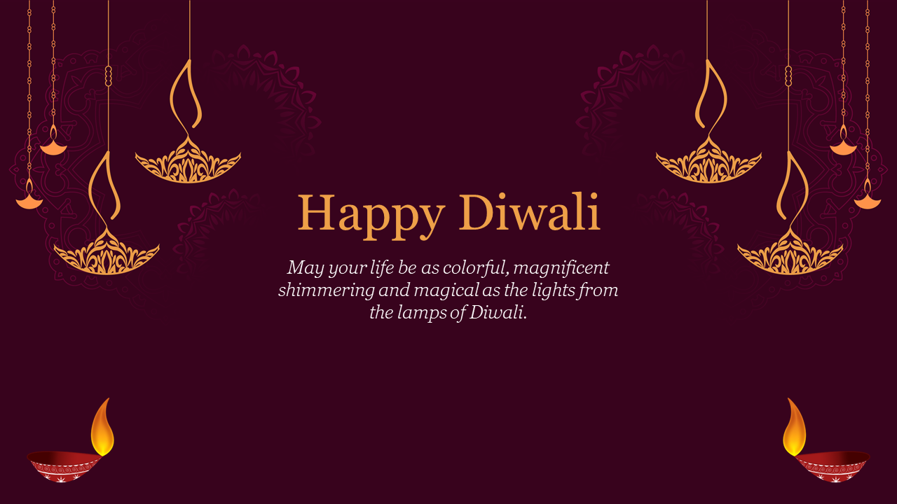 Diwali greeting card with hanging lamps and a warm message, set against a rich purple background.